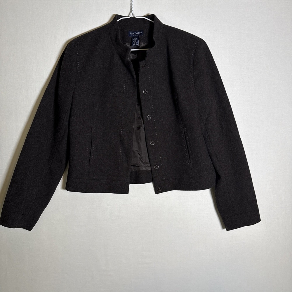 Ann Taylor Stretch Black Wool Cropped Blazer Jacket Collarless Workwear